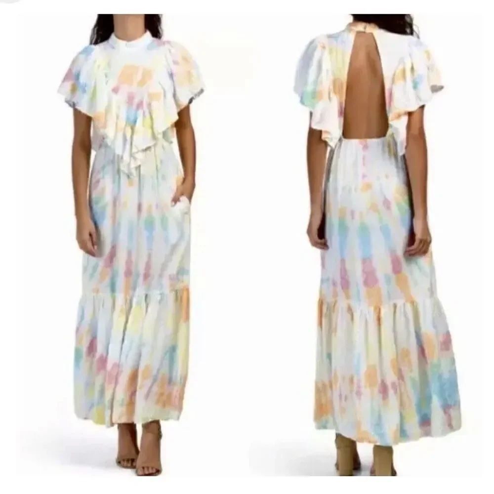 YFB tie dye Cruz crinkle ruffle cottage core open back maxi